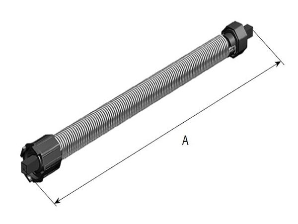 Obraz na stronie internetowej poświęconej naprawie bram, rolet i barier w Warszawie przedstawia diagram cylindrycznego elementu. Ten obiekt ma zwiniętą fakturę na zewnętrznej powierzchni i jest otoczony sześciokątnymi zaślepkami na obu końcach. Pomiar oznaczony jako „A” określa całkowitą długość tego cylindrycznego elementu.