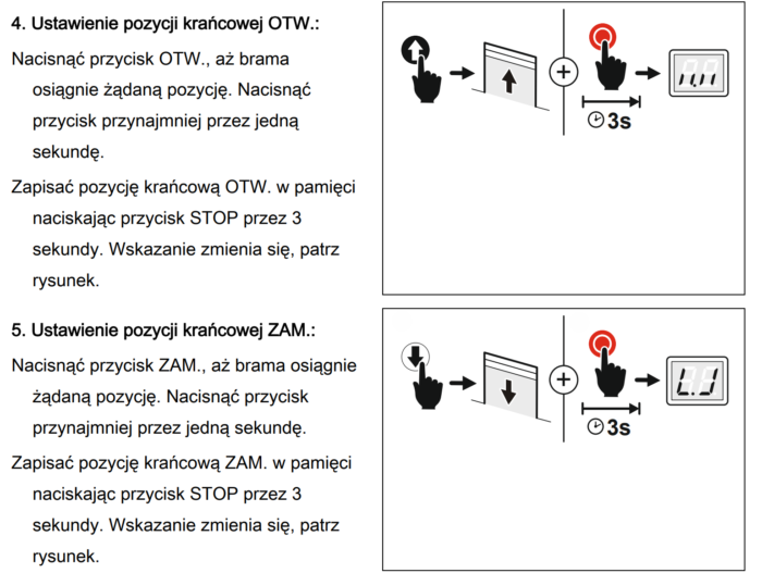 Obraz na stronie internetowej zawiera przewodniki wizualne krok po kroku dotyczące ustawiania pozycji otwartej (OTW) i zamkniętej (ZAM) bramy. Zawiera wyraźne ilustracje pokazujące, które przyciski nacisnąć, strzałki wskazujące ruch bramy oraz grafikę timera sugerującą zmiany czasu. Instrukcje są przedstawione w języku polskim, co czyni je przyjaznymi dla lokalnych klientów szukających pomocy w ustawieniach bramy w Warszawie.