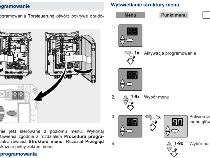 Strona zawiera schemat instruktażowy programowania urządzenia związanego z konserwacją bram, rolet i szlabanów w Warszawie. Schemat przedstawia instrukcje krok po kroku w języku polskim, którym towarzyszą szczegółowe wizualizacje, które wyróżniają komponenty urządzenia i prowadzą przez nawigację po menu. Zawiera klawisze strzałek przedstawione w celu bezproblemowego wyboru menu i potwierdzenia.