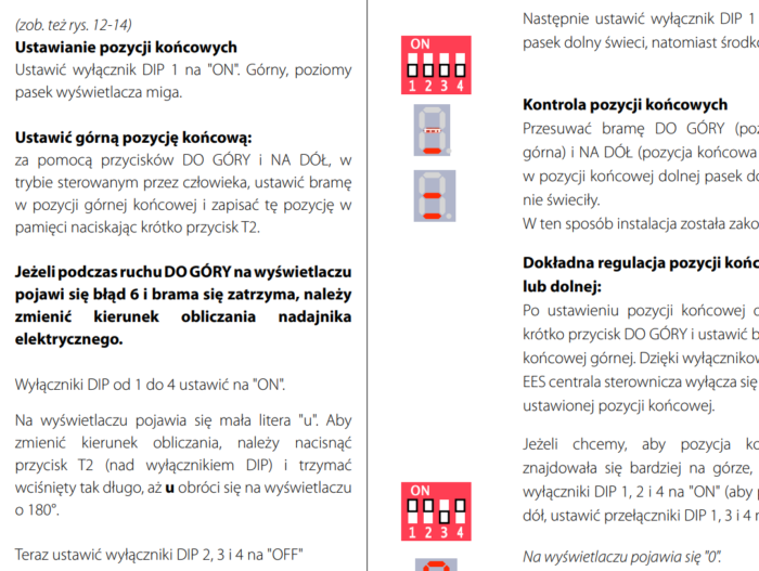 Strona zawiera kompleksowy przewodnik ilustracyjny specjalnie zaprojektowany do naprawy bram, rolet i barier w Warszawie. Przewodnik jest przedstawiony w języku polskim i zawiera szczegółowe diagramy podkreślające konfiguracje przełączników i ich odpowiednie ustawienia pozycji. Instrukcje krok po kroku są dostarczane w celu dostosowania pozycji końcowych, zarządzania błędami wyświetlania i uzyskania precyzyjnych konfiguracji pozycji. Pomoce wizualne są wyraźnie oznaczone wskaźnikami „ON” i numeracją sekwencyjną w celu ułatwienia zrozumienia.