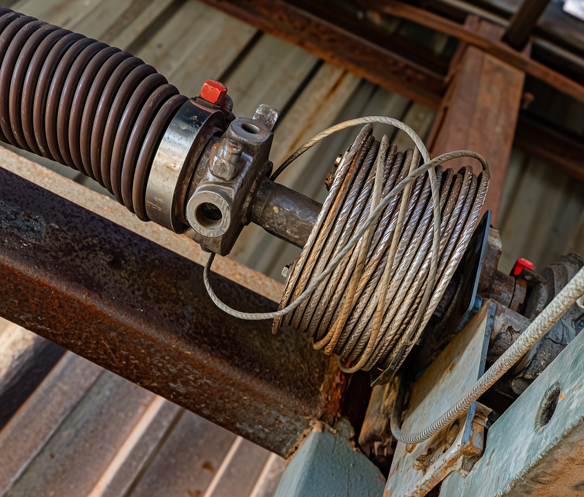 Zbliżenie systemu sprężyn skrętnych bramy garażowej z rdzewiejącą metalową ramą. Obraz przedstawia ciasno nawiniętą stalową linkę na bębnie, połączoną ze sprężyną za pomocą metalowego wałka. Sprężyna jest zabezpieczona śrubami z czerwonymi końcówkami i metalową opaską. W tle widoczny jest falisty metalowy sufit i drewniane belki. Linka wydaje się splątana i niewłaściwie nawinięta.
